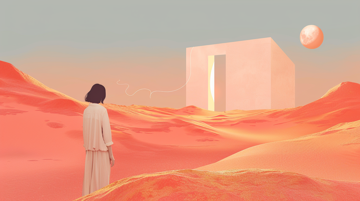 A woman stands at the edge of terracotta dunes, a glowing portal in the distance