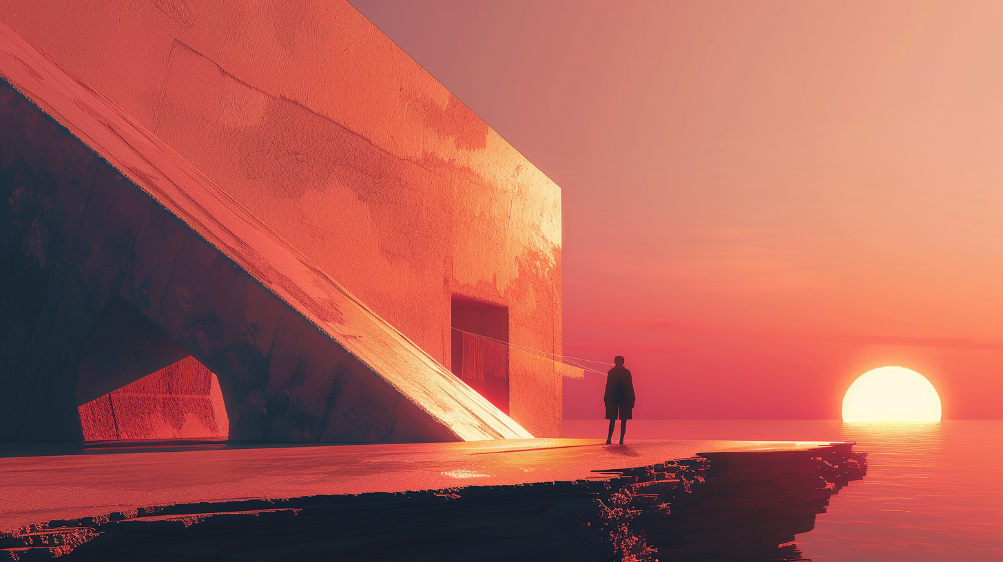 A solitary figure approaches a luminous threshold at dusk — terracotta desert, deep indigo sky