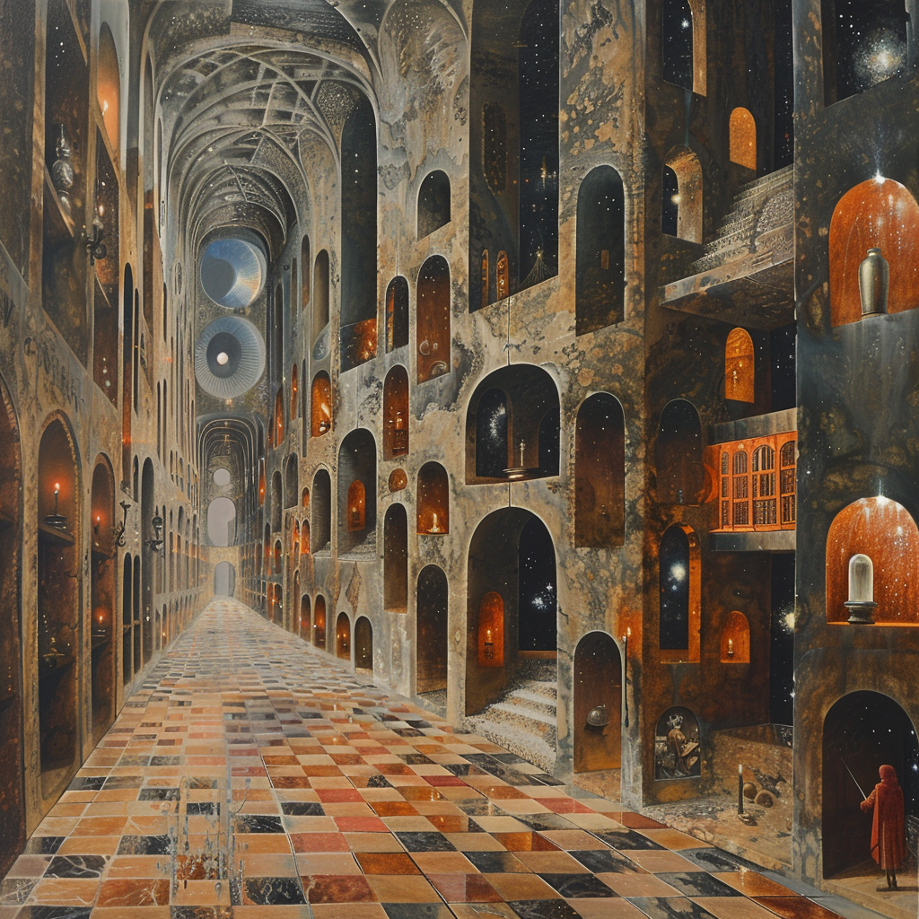 Remedios Varo style — a labyrinthine corridor of arched alcoves glowing amber, a lone figure deep inside