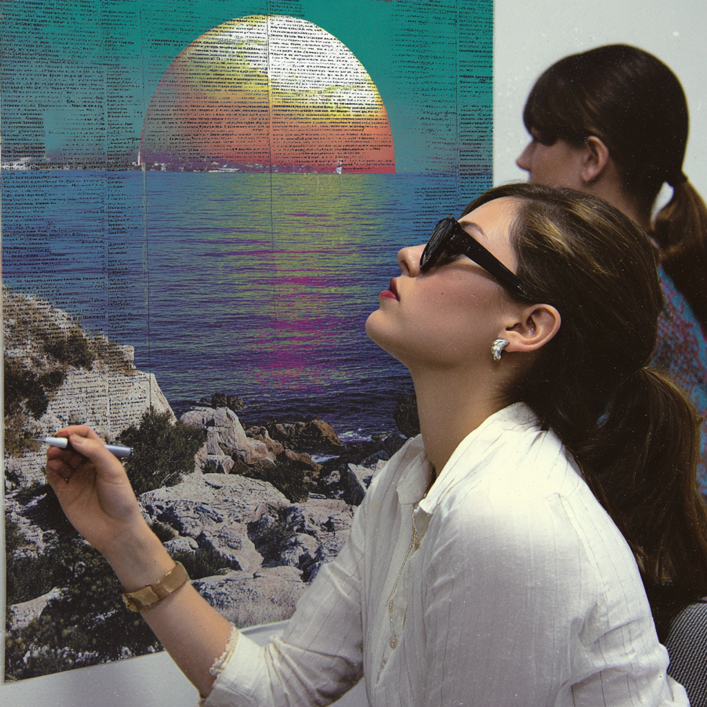 A woman in a white blouse examines a large circular holographic sunset artwork over a rocky coastline — the practitioner at work, image-making, story as craft.