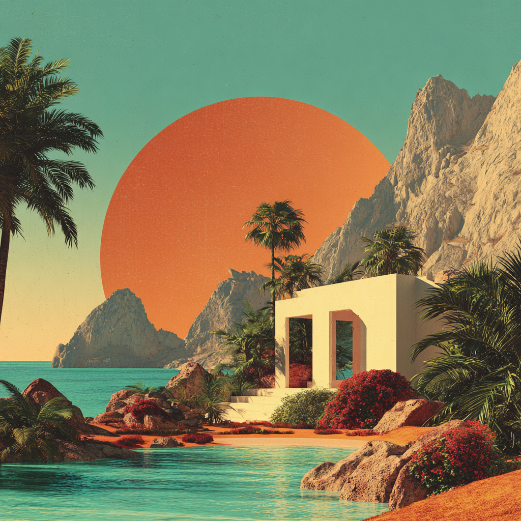 A lush Ibiza scene — palm trees, white Mediterranean architecture, and a vast orange sun over turquoise water