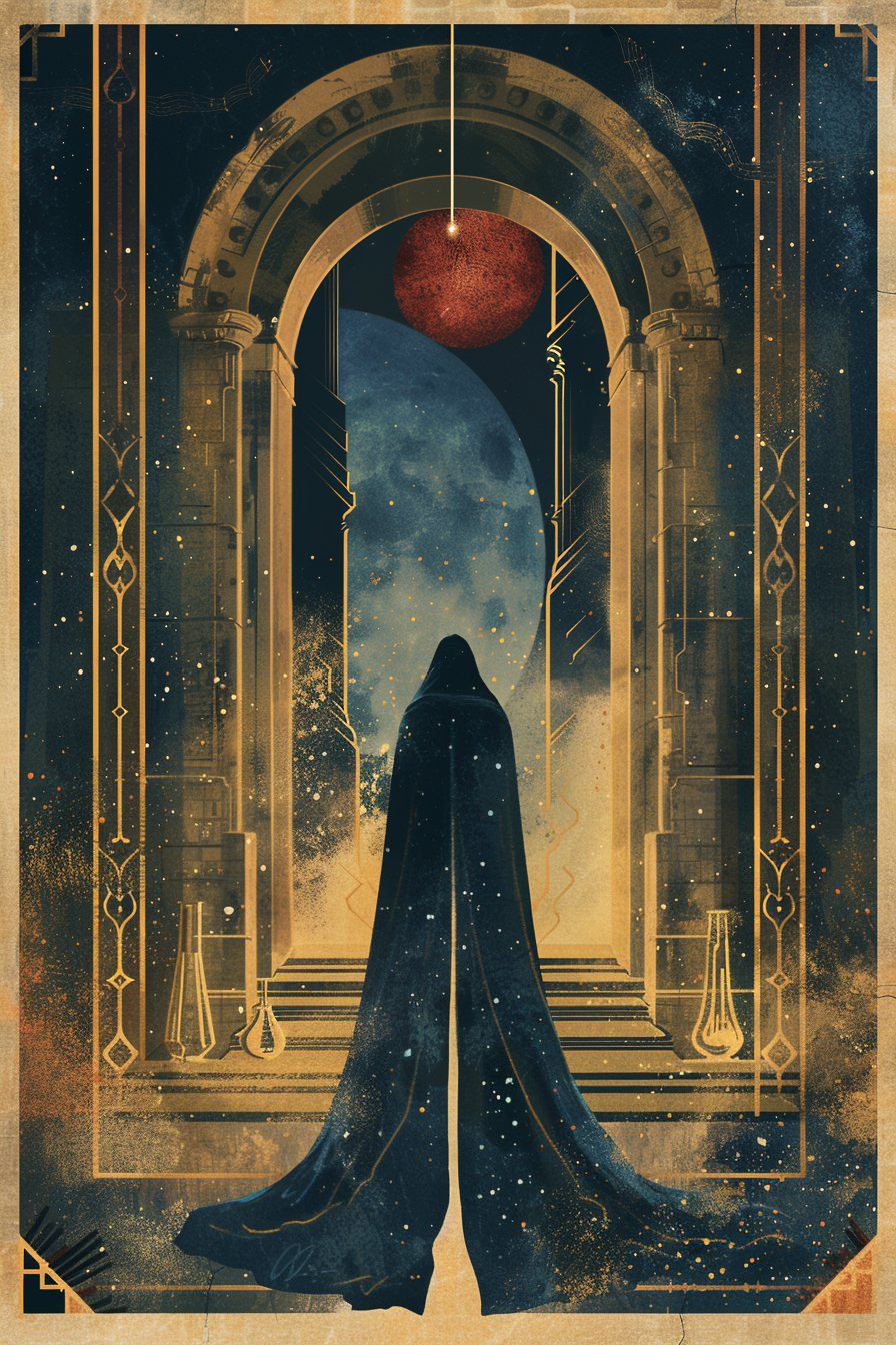 A cloaked figure stands through a gold-framed Gothic archway toward a crimson moon — the archetype of intuition, mystery, and the threshold of the inner world.