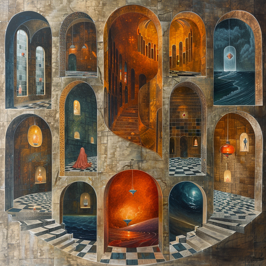 A Remedios Varo–style painting: nested Gothic chambers each reveal a different inner world — forest, ocean, fire, winter — a map of the psyche.