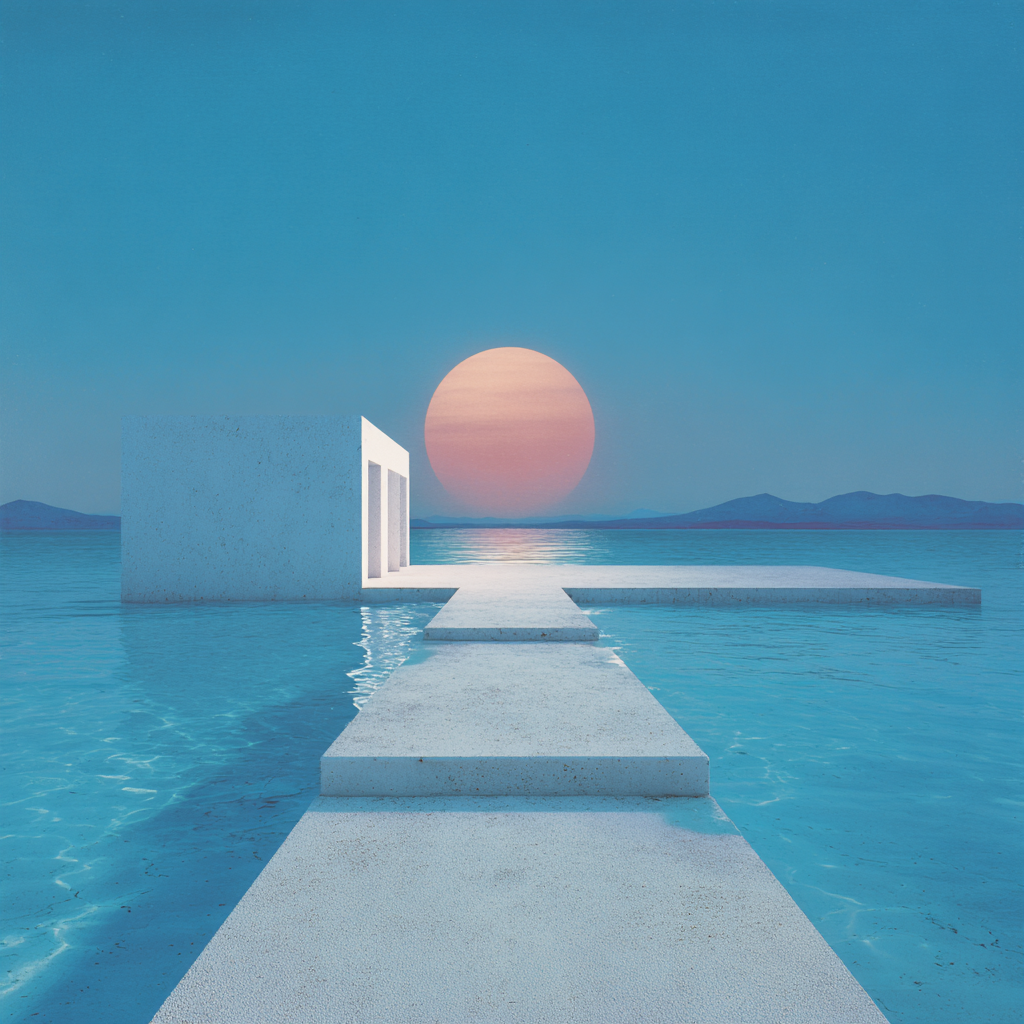 A minimal white pier extends into vast deep blue-teal water, a serene peach-orange sun low on the horizon — stepping forward, the clear path, invitation.