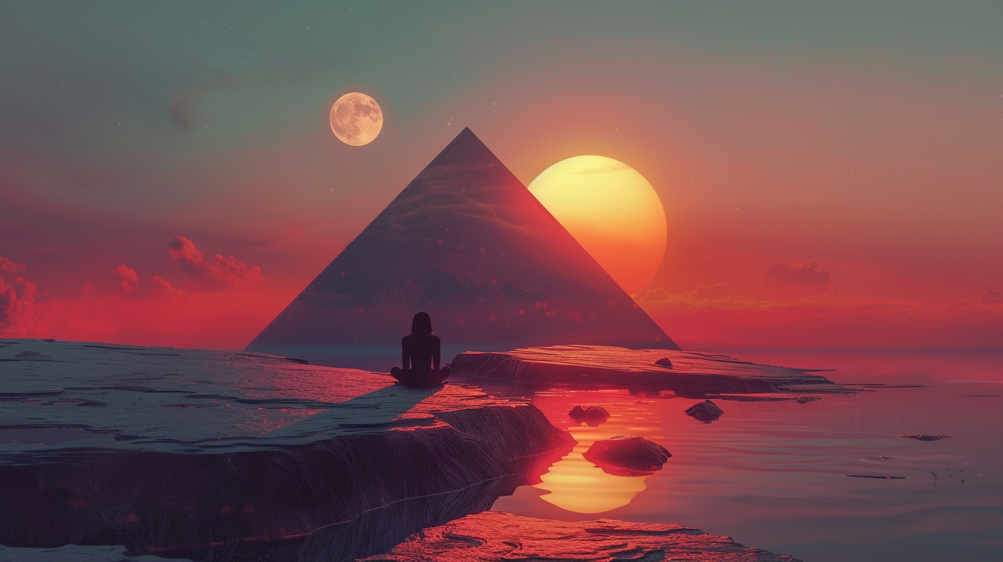 A figure meditates at the edge of dark water before a geometric pyramid at dusk, both the full moon and the setting sun visible in a dramatic red-orange sky.