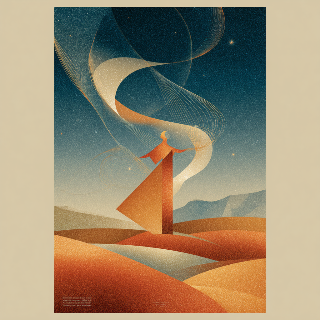 A surrealist Ibiza-style poster: a figure stands at a terracotta pyramid and releases a luminous golden narrative thread into a deep blue starry sky.