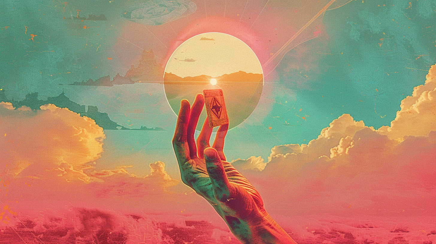 A hand holds a luminous glowing orb against a vibrant pink and teal surrealist sky — the archetypal creator card, Ibiza poster aesthetic