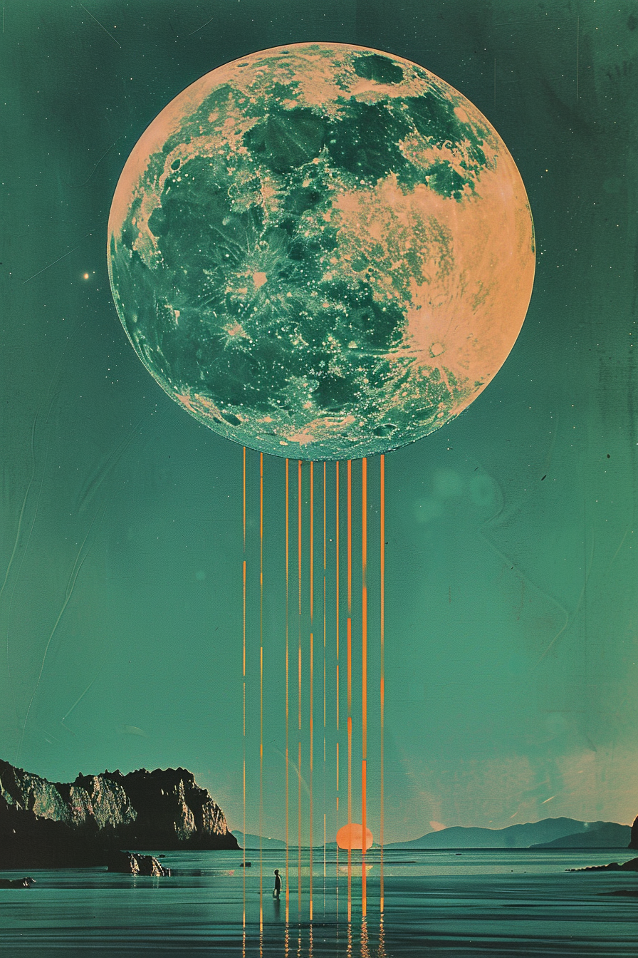 A luminous teal moon hangs above still water, golden threads trailing downward like a loom — the unconscious, night navigation, stories surfacing from depth.