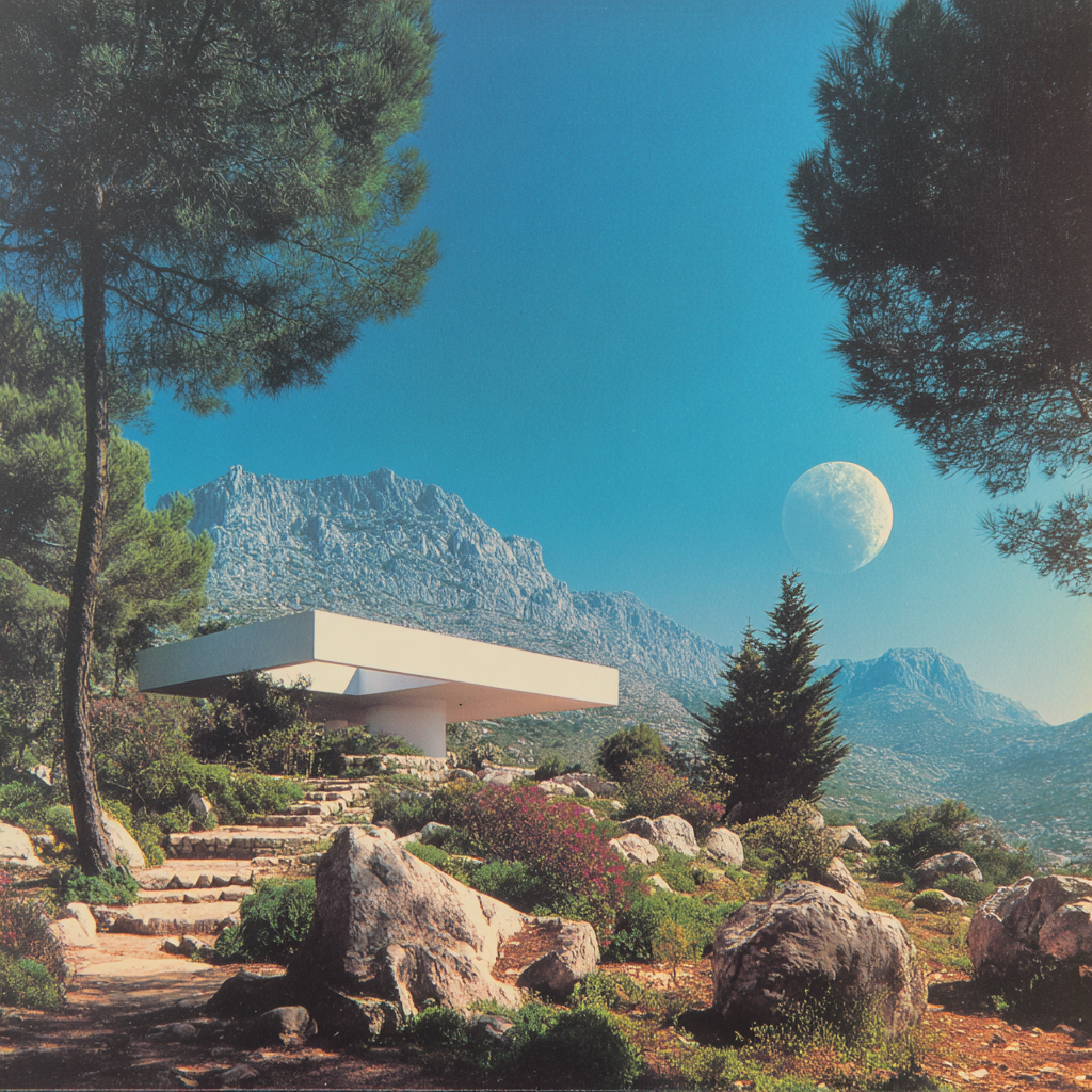 A Le Corbusier–style modernist villa set among Mediterranean pine trees and rocky landscape, moon visible in the blue sky — the place where deep thinking lives.