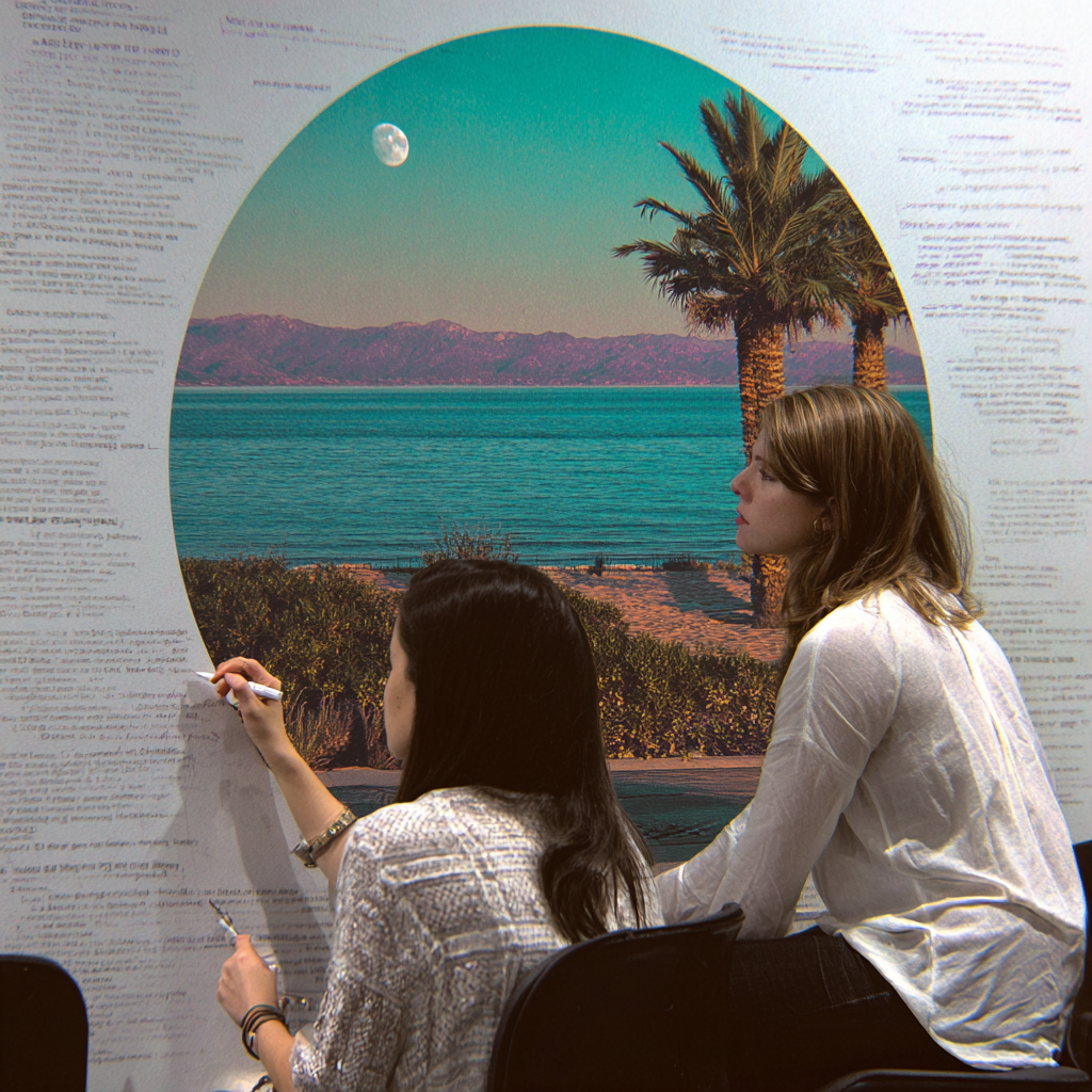 Two women study text together, a circular portal behind them opening to a moonlit Ibiza seascape with palms — the writing circle, story work as shared practice.