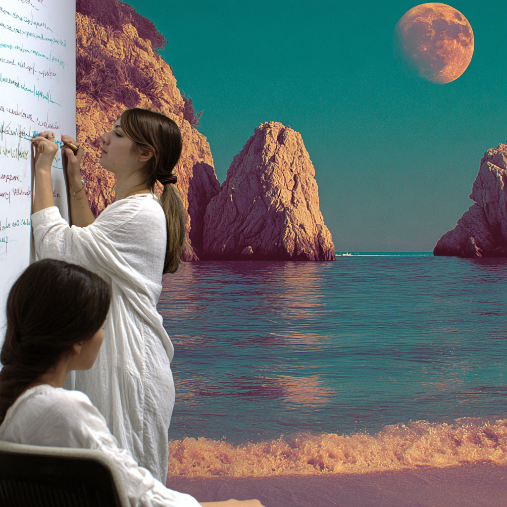 A woman writes on a whiteboard as a surrealist Ibiza landscape — teal sea, rocky coast, and a red moon — appears superimposed behind her. Writing as myth.